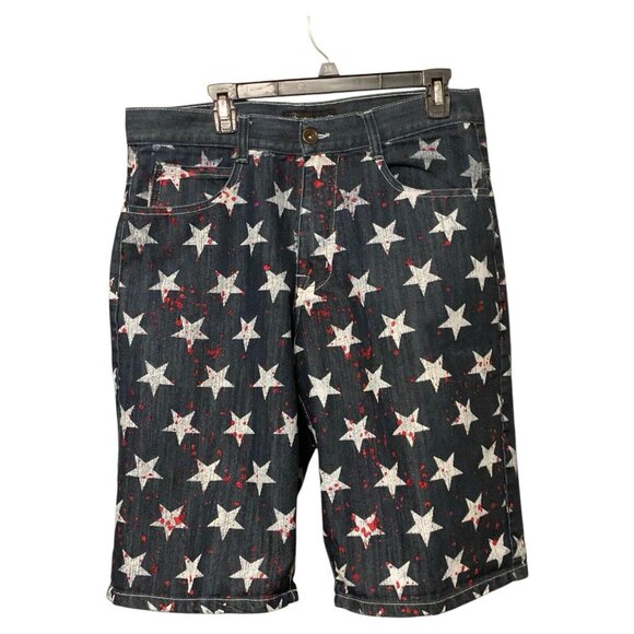 King Maker Custom Men's Jean Shorts 36x13 Straight Fit Dark Wash White Stars Red - Picture 1 of 15
